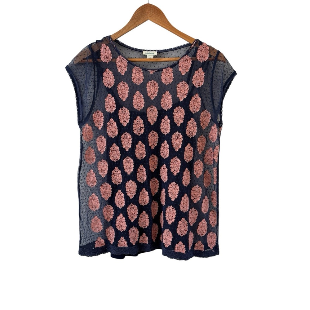 Sundance Embroidered Mesh Tunic Top Womens Size L Floral Sheer Lined Lace Boho